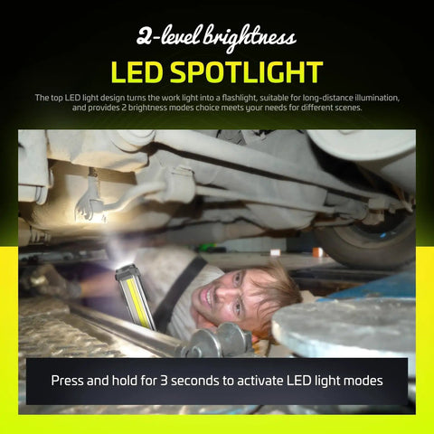 Mechanic uses Two Pack Rechargeable 1500 Lumen COB LED Work Light With Magnetic Base And Hook Hands Free Trouble Light IPX4 Waterproof in garage