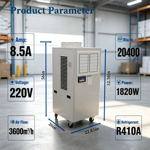 Boss Grade Portable Industrial Chiller Serving Real Cold With 20400 Btu H Cooling Power And Huge 3600 Cubic Meter Airflow Built Tough For Any Workshop Floor with specs.