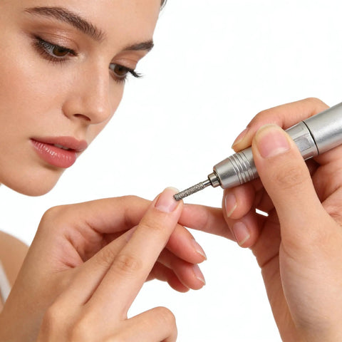 Person using Pro Grade Diamond Coated Rotary Burr Set With 50-Piece Assorted Grinding Bits For Stone Carving on nails