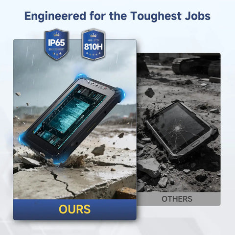 Beefed Up Eight Inch Rugged Tablet Running Windows 11 Pro With Honeywell N4680 Scanner showcased in a tough work environment.