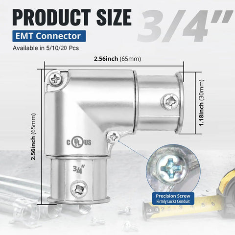 Heavy Duty 3/4 Inch Emt Conduit Fitting 90 Degree Inside Corner Pull Elbow Zinc Die Cast Raceway Setup dimensions 2.56 inch and 1.18 inch