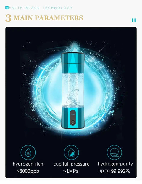 Portable Hydrogen Water Bottle USB Rechargeable H2 Generator Delivers 6000PPB Hydrogen For Alkaline Hydration, blue cup.