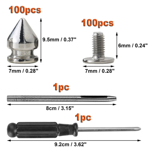 Gnarly Silver Metal Spikes and Studs for Leather and Clothing and Dope Screw Back Rivets for Punk Hats and Bags and Heavy Duty Denim Fashion Hardware Pack of One Hundred Pieces including spikes, rivets, and tools.
