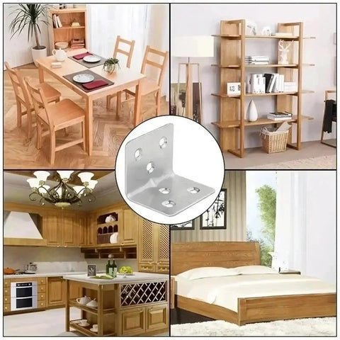 Solid As A Rock L Brackets 100 Pack Heavy Duty Corner Braces fortify furniture with a display of finished wood projects.