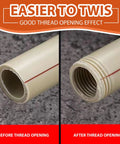 Side by side comparison of PVC pipe before and after threading with the 2 Piece Internal And External Pipe Threader Kit For 1/2 Inch And 3/4 Inch PVC PPR Plastic Pipes Electric Drill Compatible Heavy Duty Threading Tool For Plumbing Diy Pros Secure Fits.