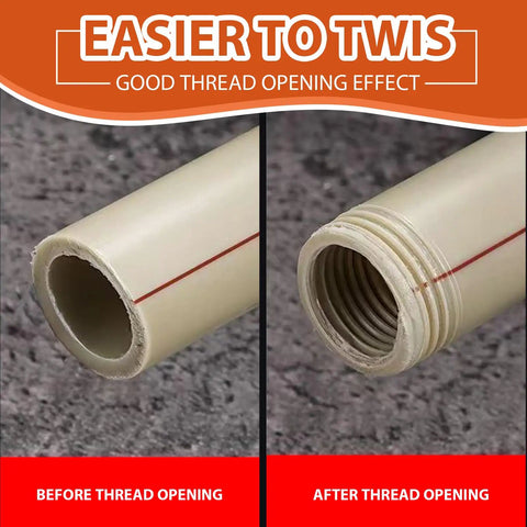 Side by side comparison of PVC pipe before and after threading with the 2 Piece Internal And External Pipe Threader Kit For 1/2 Inch And 3/4 Inch PVC PPR Plastic Pipes Electric Drill Compatible Heavy Duty Threading Tool For Plumbing Diy Pros Secure Fits.