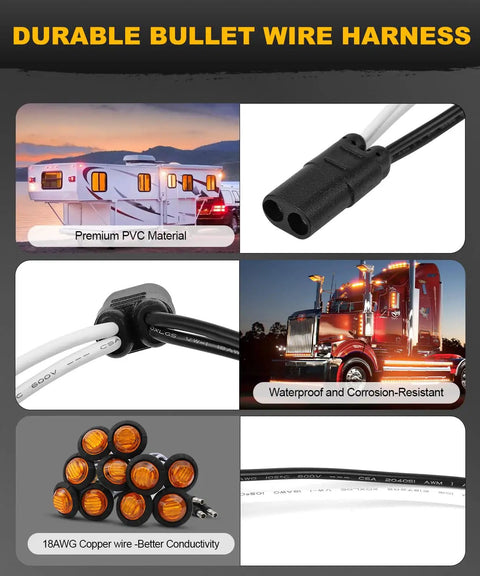 Amber 20 Pack Three Quarter Inch LED Marker Lights With Connector Plug And Double Female Two Prong Harness Roll Plug And Play