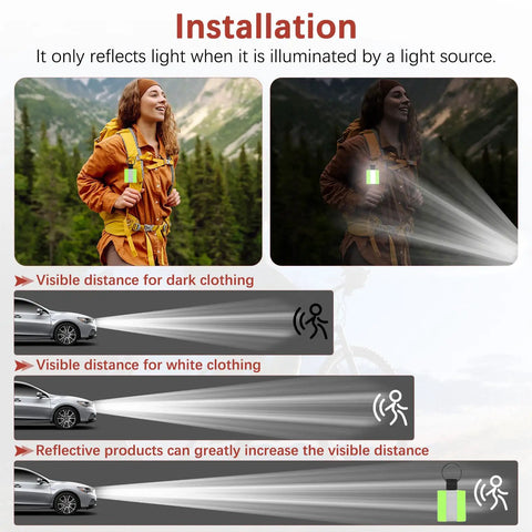 Installation demo of Four Pack Fluorescent Green Reflective Safety Pendants For Night Running, Cycling, Hiking with visible range illustration.