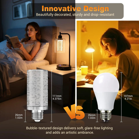 Comparison of bubble-textured soft light bulb and smooth LED bulb for night reading.