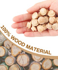 Hand holding 200 Pieces Wood Screw Hole Plugs Three Eighths Inch Mushroom Caps For Furniture Repair And D I Y Projects Natural Wood Button Plugs