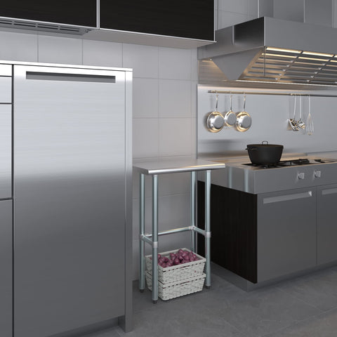 Real Deal Heavy Duty Stainless Steel Work Table With Spacious Open Base Clearance NSF Approved Utility Bench Garage And Laundry 24 Inch By 14 Inch Built Different For Serious Home Projects in a modern kitchen.