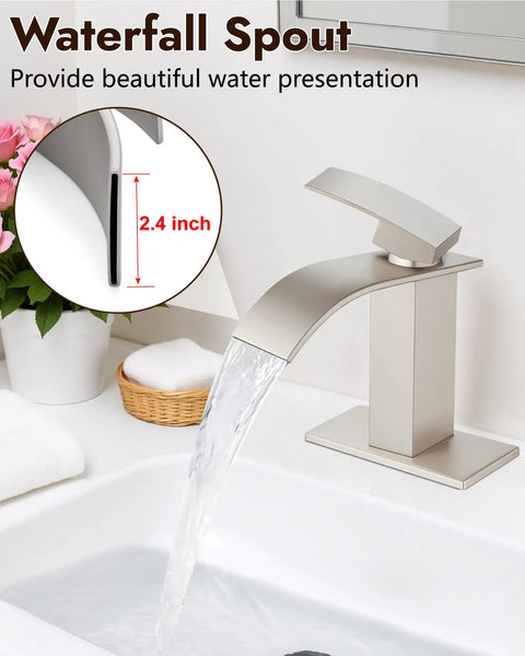 Waterfall Bathroom Faucet In Brushed Nickel 1 Or 3 Hole Deck Mount SUS304 Stainless Steel Sink Tap With Pop Up Drain