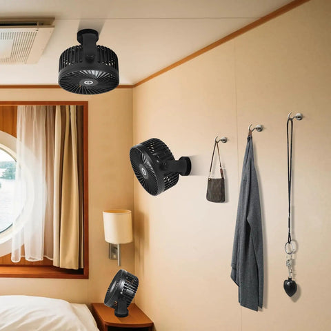 Ceiling Or Wall Mount Magnetic Cruise Fan With 8000mAh Rechargeable Battery in cabin showing versatile mounting options