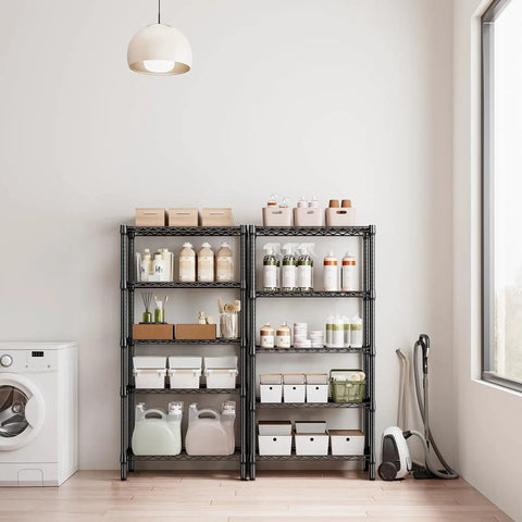 Heavy Duty 5 Tier Metal Storage Shelves with Wire Racks for Garage Kitchen Bathroom and Laundry, 1250 Lbs Capacity, Space Saving Freestanding Organizer, Black Finish, 13.8 D x 29.5 W x 59.5 H in laundry room