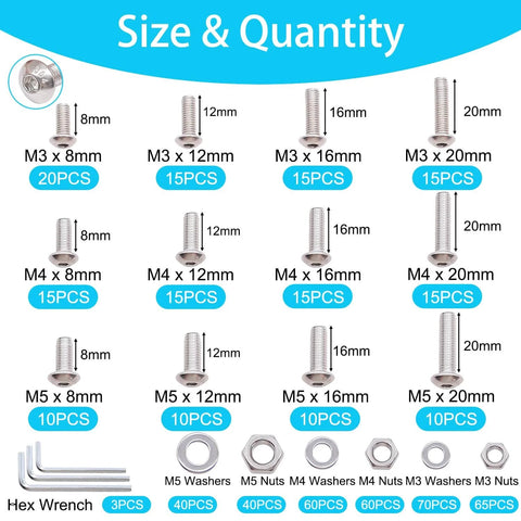 All In One Metric Screw Kit For DIY M3 M4 M5 Button Head Hex Socket Cap Screws Set With 8 To 20 Mm Length 304 Stainless Steel Bolts Nuts Washers And 3 Hex Wrenches For Home And Garage Repairs. Image shows various screw sizes and hex wrenches.