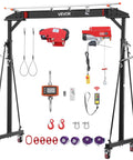 Heavy Duty Gantry Crane With 2200 Lb Capacity And Electric Hoist showing adjustable height, manual trolley, sling, and accessories.