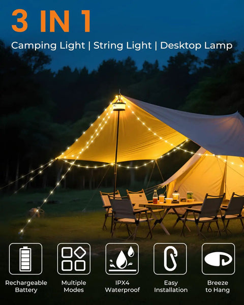 Retractable 32.8 Feet RGB Camping String Lights With Rechargeable LED Fairy Lights Outdoor Waterproof Portable Lantern for tents at night
