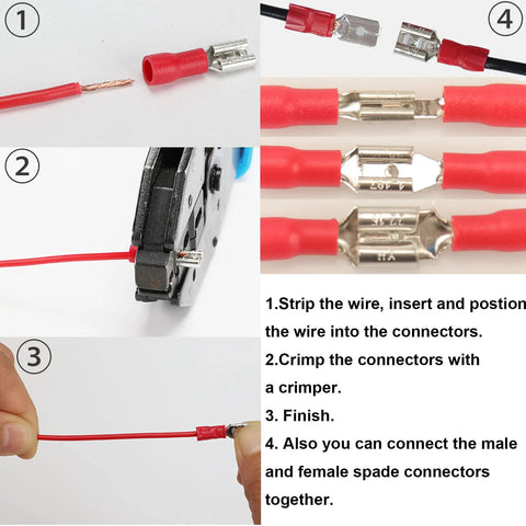 Red insulated spade connector kit with 2.8/4.8/6.3 mm terminals, shown with wire stripping, insertion and crimping steps.
