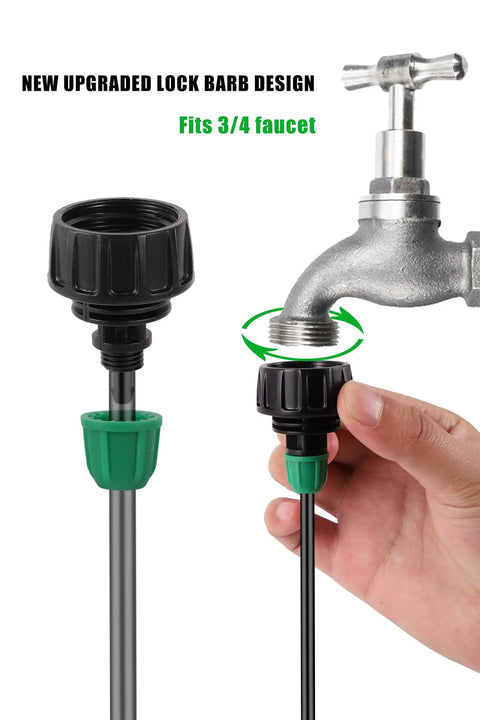 Garden Hose Adapter 3/4 To 1/4 Inch Drip Irrigation Tubing Connectors With Lock Barbed Design, installed on faucet, showing thread connection