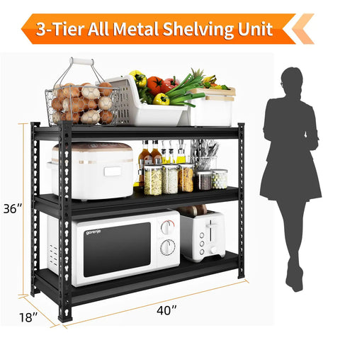 Beefy Heavy Duty 3 Tier Metal Garage Shelving Unit For Storage With 1320 Lb Total Capacity Adjustable Shelves 40 Inches Wide 18 Inches Deep 36 Inches High Ideal For Reptile Tanks Aquariums Pantry And Garage Black, 40x18x36