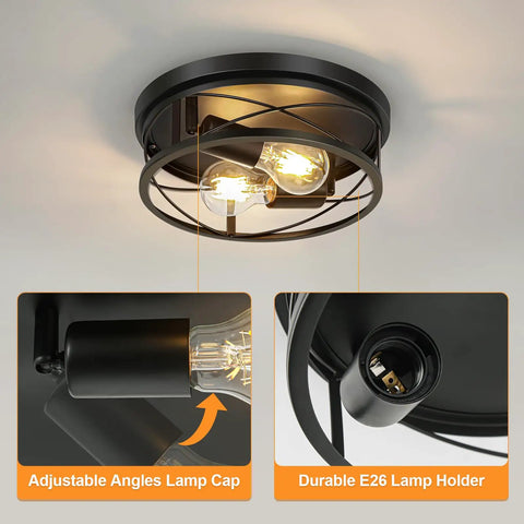 Black Industrial Round Flush Mount Ceiling Lights 2 Pack For Hallway Bedroom And Kitchen, Metal Farmhouse Style with E26 base