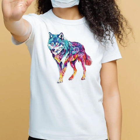Colorful Animal Iron On Transfers Set 10 Heat Transfer Stickers For T Shirts Hoodies Jackets And DIY Clothing DTF Ready To Press Includes Lions Tigers Wolves Eagles And More on white shirt with wolf design