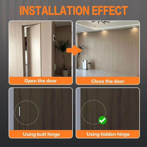 Installation effect of Ultra Thin Hidden Door Hinges Black For Secret Doors Invisible Concealed Butt Hinge, open and closed views.