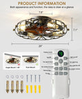 Caged Ceiling Fan With Light Remote Control 5 Bulbs 6 Speeds 20 Inch Black With Reversible Blades and US Design Patent