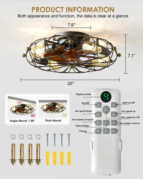 Caged Ceiling Fan With Light Remote Control 5 Bulbs 6 Speeds 20 Inch Black With Reversible Blades and US Design Patent