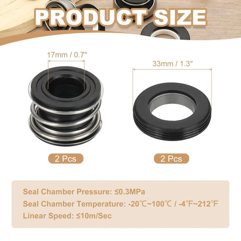 Two Pack Mechanical Seal Kit For Water Pumps, 17mm Inner Diameter And 33mm Outer Diameter Rubber Shaft Seals, Replacement Kit For 0.7 Inch Shaft Pumps, High Temp, Durable Pump Seal Set That Holds Up; 2 pcs, size chart