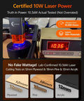 CarverAll 10W laser engraver on a desktop CNC with orange lens housing and digital power meter.