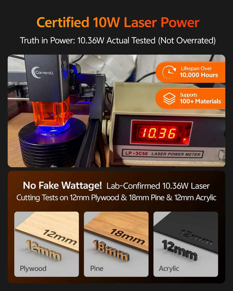 CarverAll 10W laser engraver on a desktop CNC with orange lens housing and digital power meter.