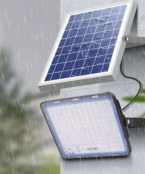 Street Lighting Ip67 Waterproof Solar Flood Light 200W High Power Led with solar panel, showing rain-resistant features.