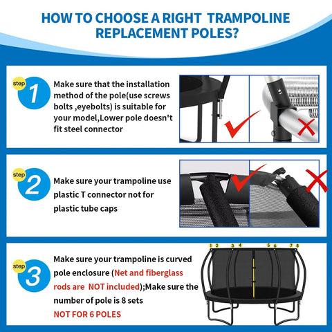 Guide for installing Rock Solid Built Tough Trampoline Enclosure Curved Replacement Poles with foam padding.