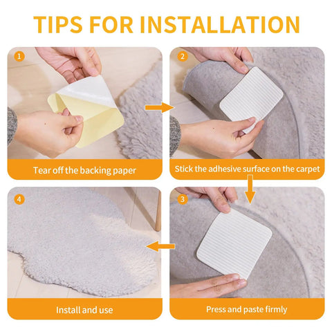Installation steps for Four Pack Washable Non Slip Rug Tape Pads For Hardwood Floors And Tiles White Under Carpet Grip