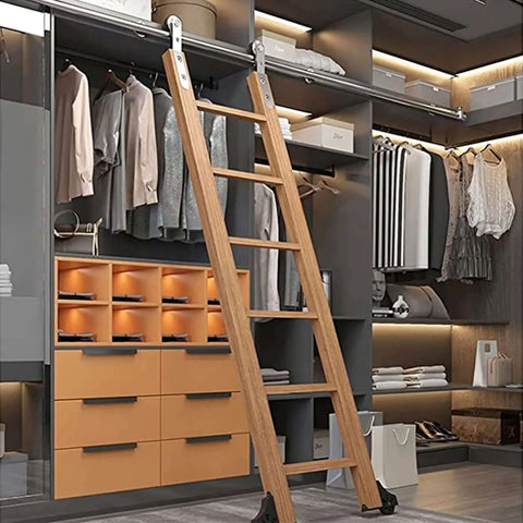 Closet with wooden ladder on stainless steel sliding barn door hardware kit with floor roller wheels for attic storage