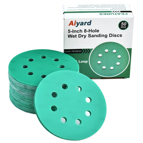 5-Inch 8-Hole Wet Dry Sanding Discs 1000 Grit Polyester Film Backed Heavy-Duty Hook And Loop Sandpaper For Random Orbital Sander 50 Pack