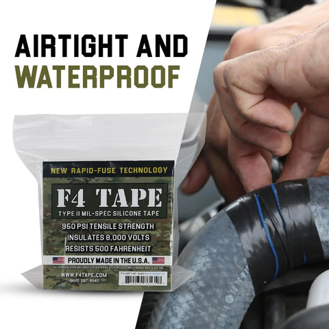 Close-up of a hand using Emergency DIY Self-Fusing Silicone Tape For Quick Pipe And Radiator Hose Repairs Waterproof Electrical Insulation And Permanent Bonding 1 Inch By 36 Feet By 20 Mil Black on a hose