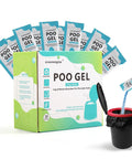Portable Toilet Absorbent Gel And Urine Powder For Camping And Outdoor Use 25 Packets in packaging with packet pouring into toilet