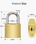 Two Pack Keyed Padlocks Waterproof 33mm Locker Locks With Keys, corrosion-resistant, showing padlock dimensions and keyhole view.