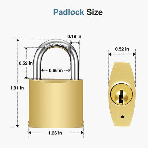 Two Pack Keyed Padlocks Waterproof 33mm Locker Locks With Keys, corrosion-resistant, showing padlock dimensions and keyhole view.