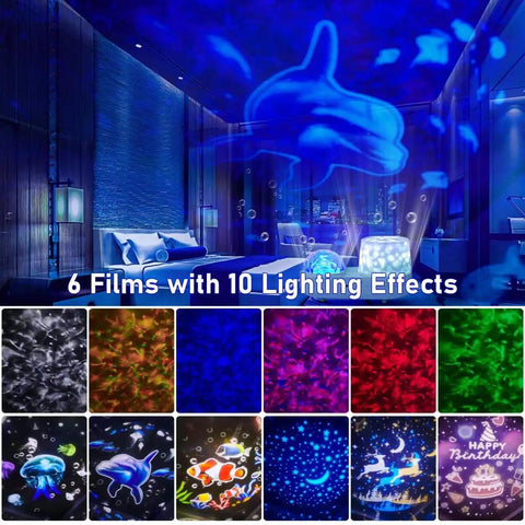 Ocean Night Light Projector For Kids With Galaxy Nebula Visuals showing dolphin projection and various color modes in a room.