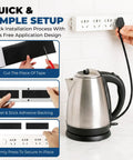 Rock Solid Heavy Duty Hook And Loop Tape Black Self Adhesive Fastener Strips shown with kettle and adhesive backing installation steps.