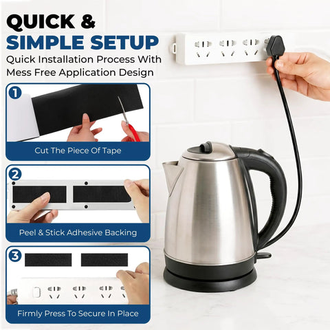 Rock Solid Heavy Duty Hook And Loop Tape Black Self Adhesive Fastener Strips shown with kettle and adhesive backing installation steps.
