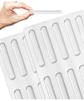 Heavy Duty Silicone Cabinet Door Bumpers, Ultra Grippy Self Adhesive Anticollision Tape, Pro Level Noise Dampening Pads for Kitchen Cabinets and Wood Furniture, showing hand holding clear silicone pad.