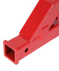 Beefy Clamp On Trailer Hitch For 2 Inch Receivers, red finish, showing end of heavy duty bucket lip clamp mount for skid steer buckets.