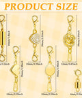 12 Pack Magnetic Necklace Clasps And Closures Set With Locking Magnetic Jewelry Clasps And Extender Easy On Quick Snap For Necklaces Bracelets And Jewelry Hypoallergenic And Safe displaying six gold styles and measurements
