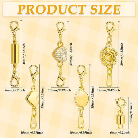 12 Pack Magnetic Necklace Clasps And Closures Set With Locking Magnetic Jewelry Clasps And Extender Easy On Quick Snap For Necklaces Bracelets And Jewelry Hypoallergenic And Safe displaying six gold styles and measurements