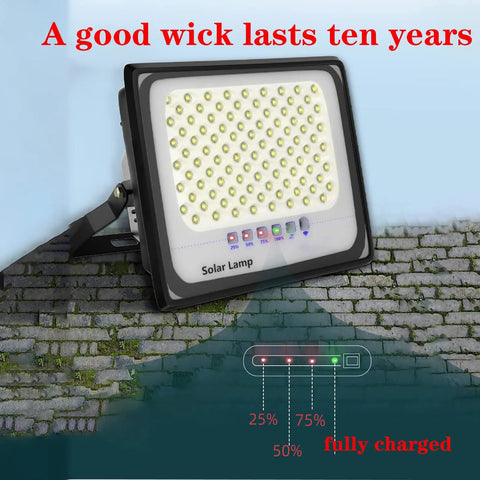 JUDYSSY Solar Flood Light 500W800W1000W, Outdoor Solar Light Bright and High Power 30000Ma with power indicator on a wall.