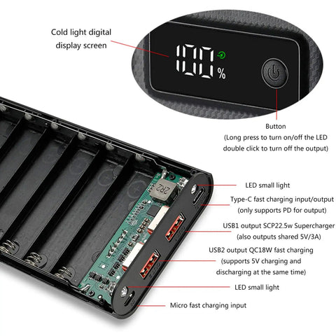 Slick 8 Slot 18650 Battery Holder With Usb C Fast Charging And Crisp Lcd Display, showing cold light display and USB ports.